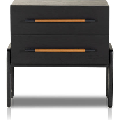 Rosedale Nightstand by Four Hands. Made from oak veneer, top grain leather in a modern style.