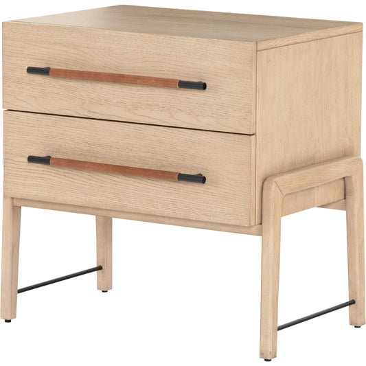 Rosedale Nightstand by Four Hands. Made from oak veneer, top grain leather in a modern style.
