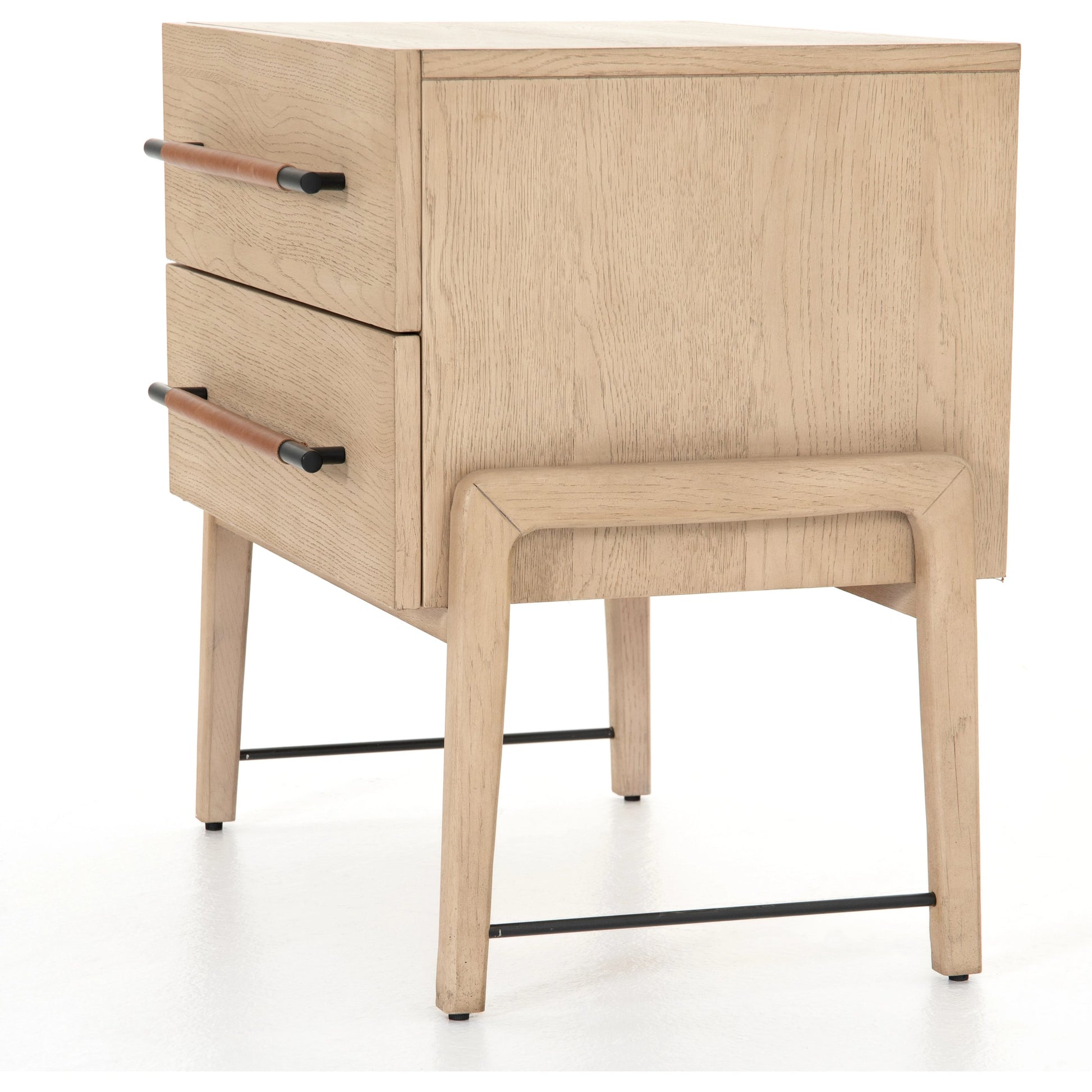 Rosedale Nightstand by Four Hands. Made from oak veneer, top grain leather in a modern style.