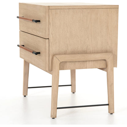 Rosedale Nightstand by Four Hands. Made from oak veneer, top grain leather in a modern style.