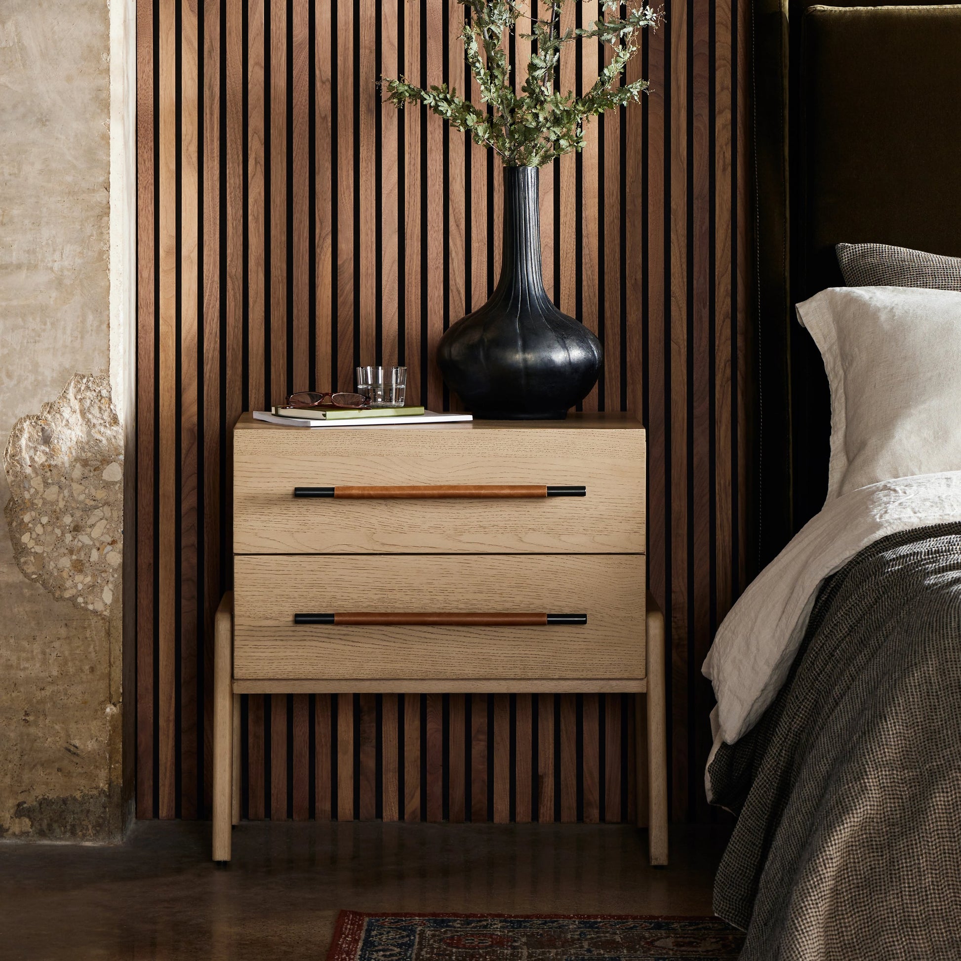 Rosedale Nightstand by Four Hands. Made from oak veneer, top grain leather in a modern style.