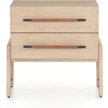Rosedale Nightstand by Four Hands. Made from oak veneer, top grain leather in a modern style.