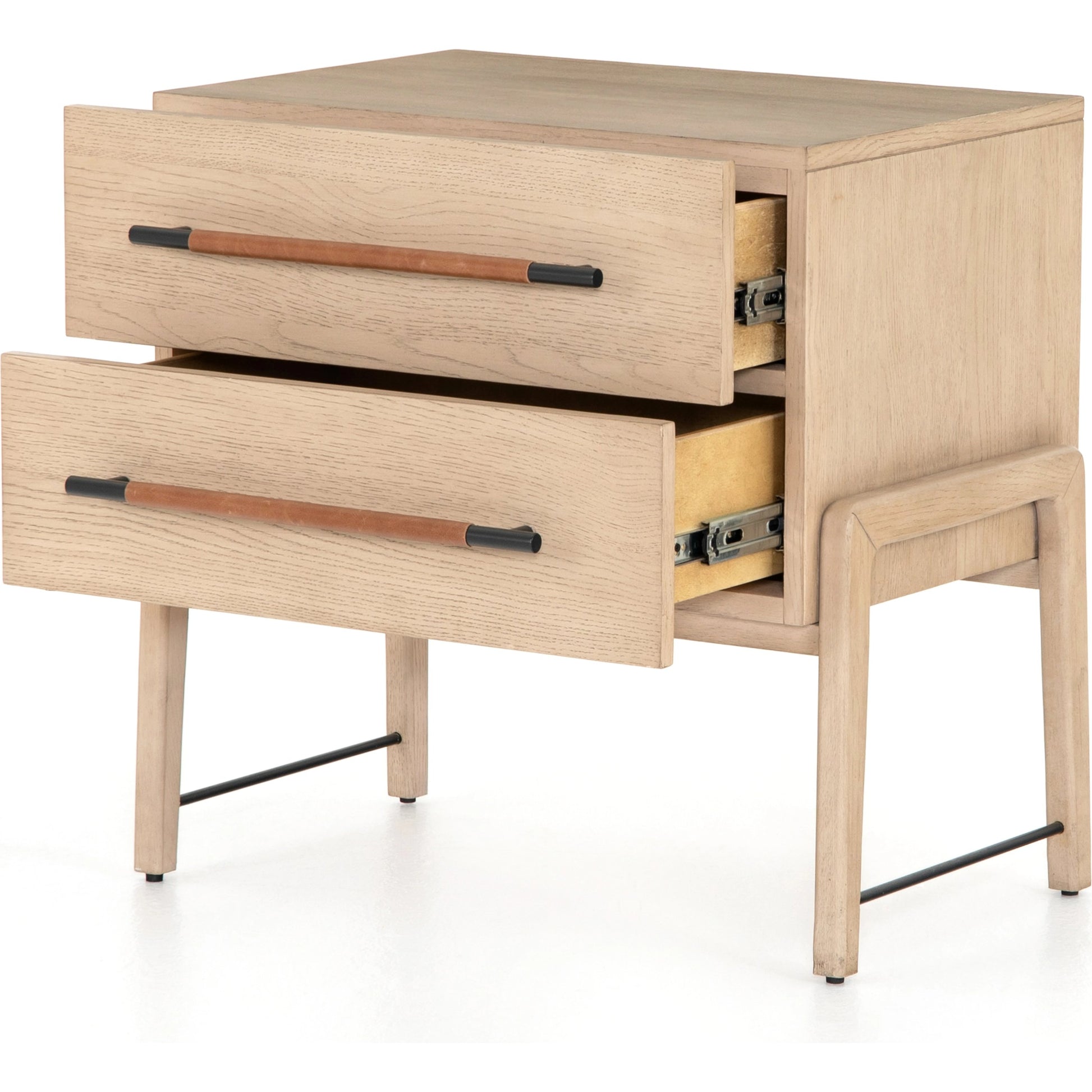 Rosedale Nightstand by Four Hands. Made from oak veneer, top grain leather in a modern style.
