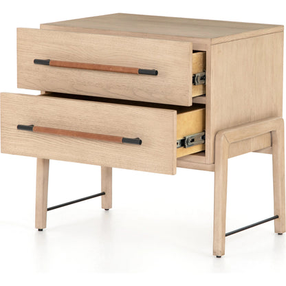 Rosedale Nightstand by Four Hands. Made from oak veneer, top grain leather in a modern style.