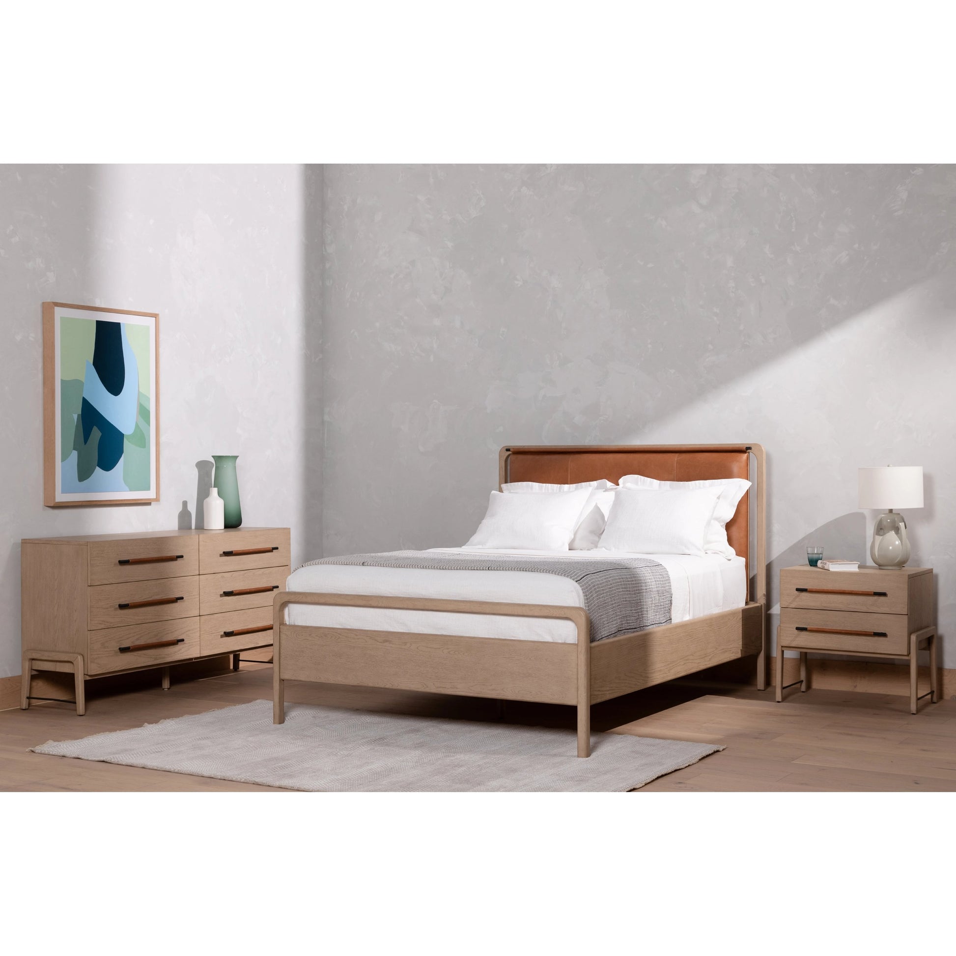 Rosedale Nightstand by Four Hands. Made from oak veneer, top grain leather in a modern style.
