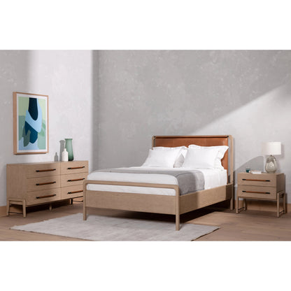 Rosedale Nightstand by Four Hands. Made from oak veneer, top grain leather in a modern style.