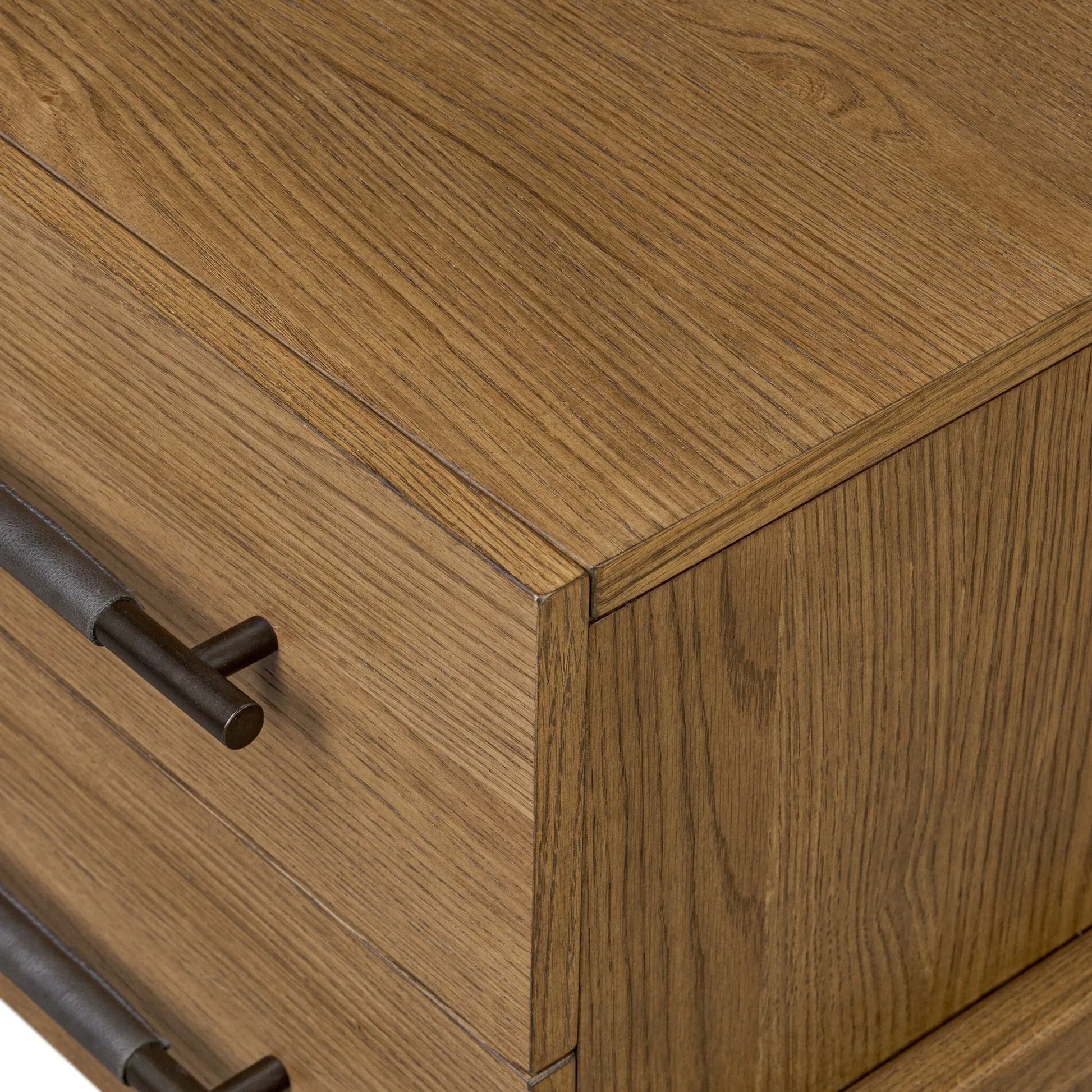 Rosedale Nightstand by Four Hands in amber oak veneer, chaps ebony. Made from oak veneer, top grain leather in a unique style.