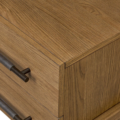 Rosedale Nightstand by Four Hands in amber oak veneer, chaps ebony. Made from oak veneer, top grain leather in a unique style.