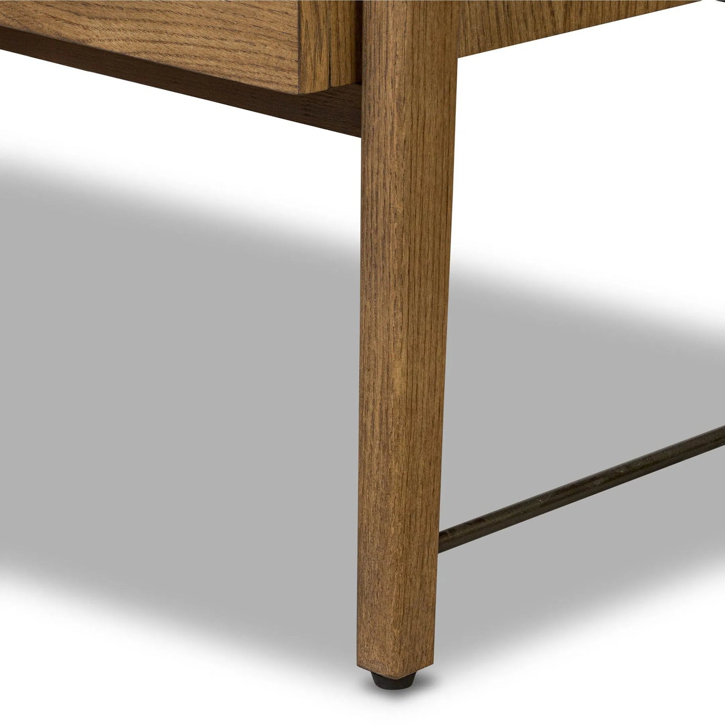 010 SI-2519286 | Closeup | Rosedale Nightstand by Four Hands in amber oak veneer, chaps ebony. Made from oak veneer, top grain leather in a unique style.