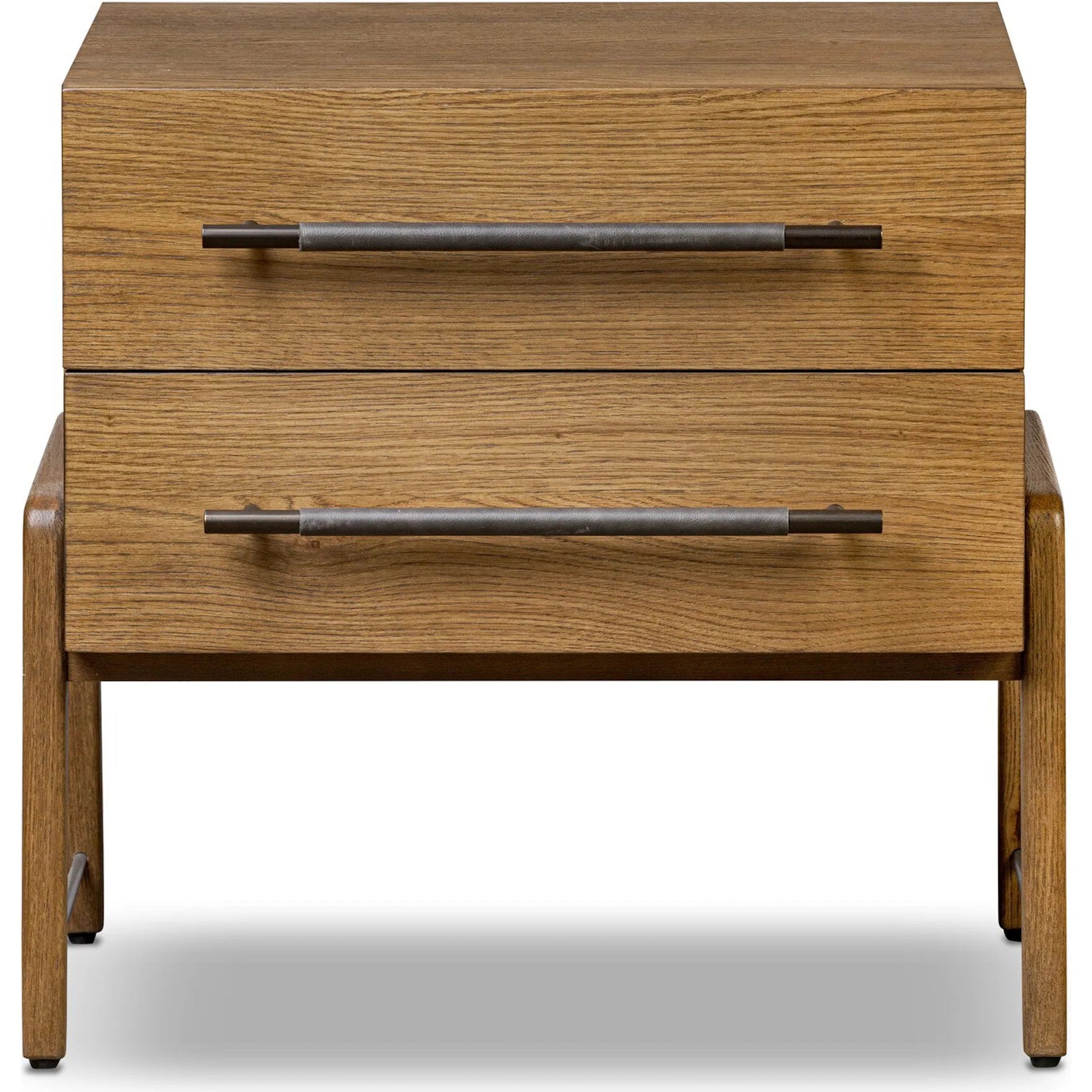 Rosedale Nightstand by Four Hands in amber oak veneer, chaps ebony. Made from oak veneer, top grain leather in a unique style.