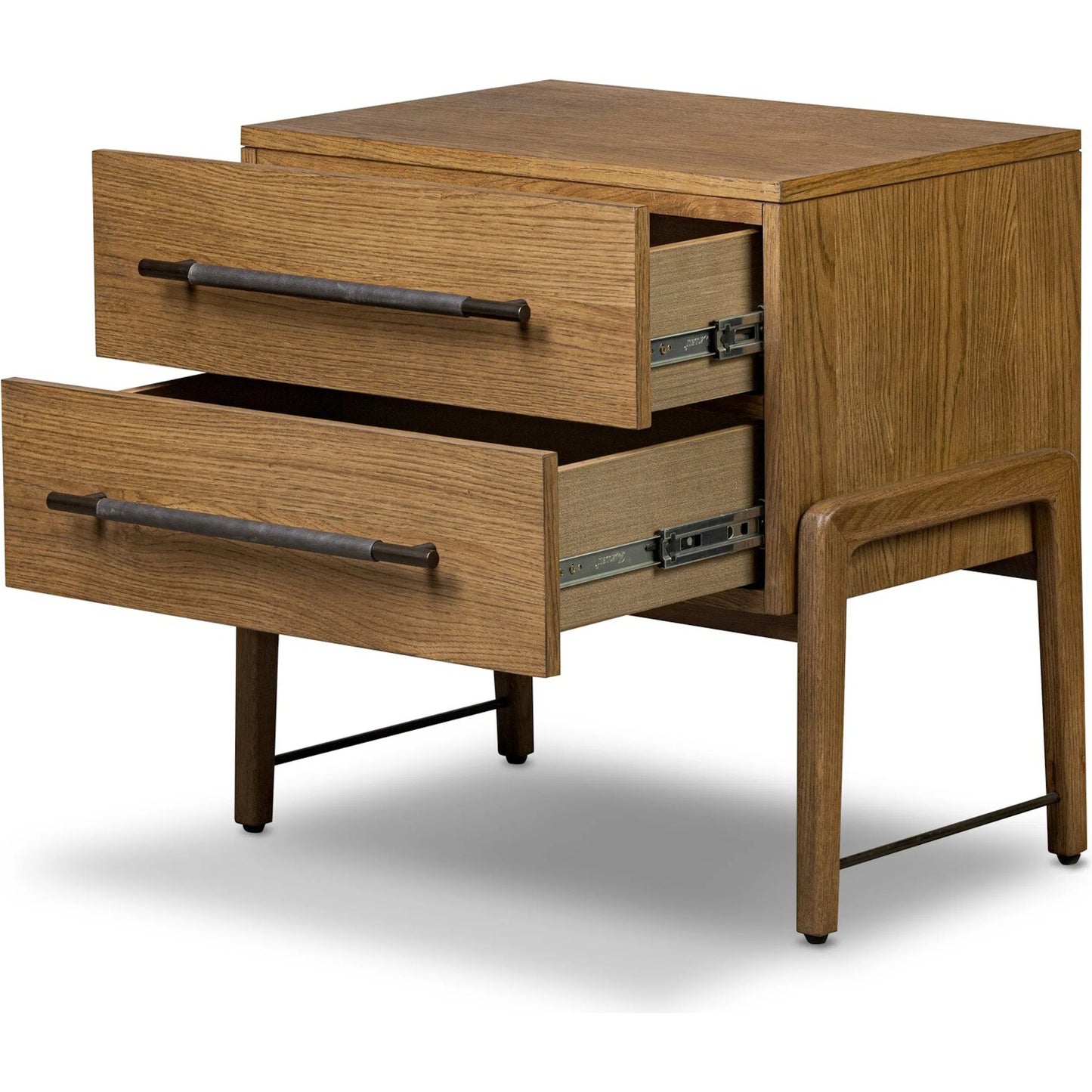 009 SI-2519286 | Closeup | Rosedale Nightstand by Four Hands in amber oak veneer, chaps ebony. Made from oak veneer, top grain leather in a unique style.