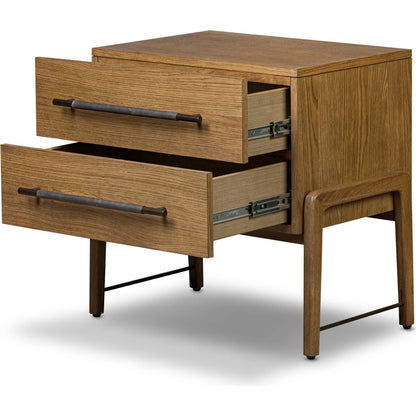 Rosedale Nightstand by Four Hands in amber oak veneer, chaps ebony. Made from oak veneer, top grain leather in a unique style.