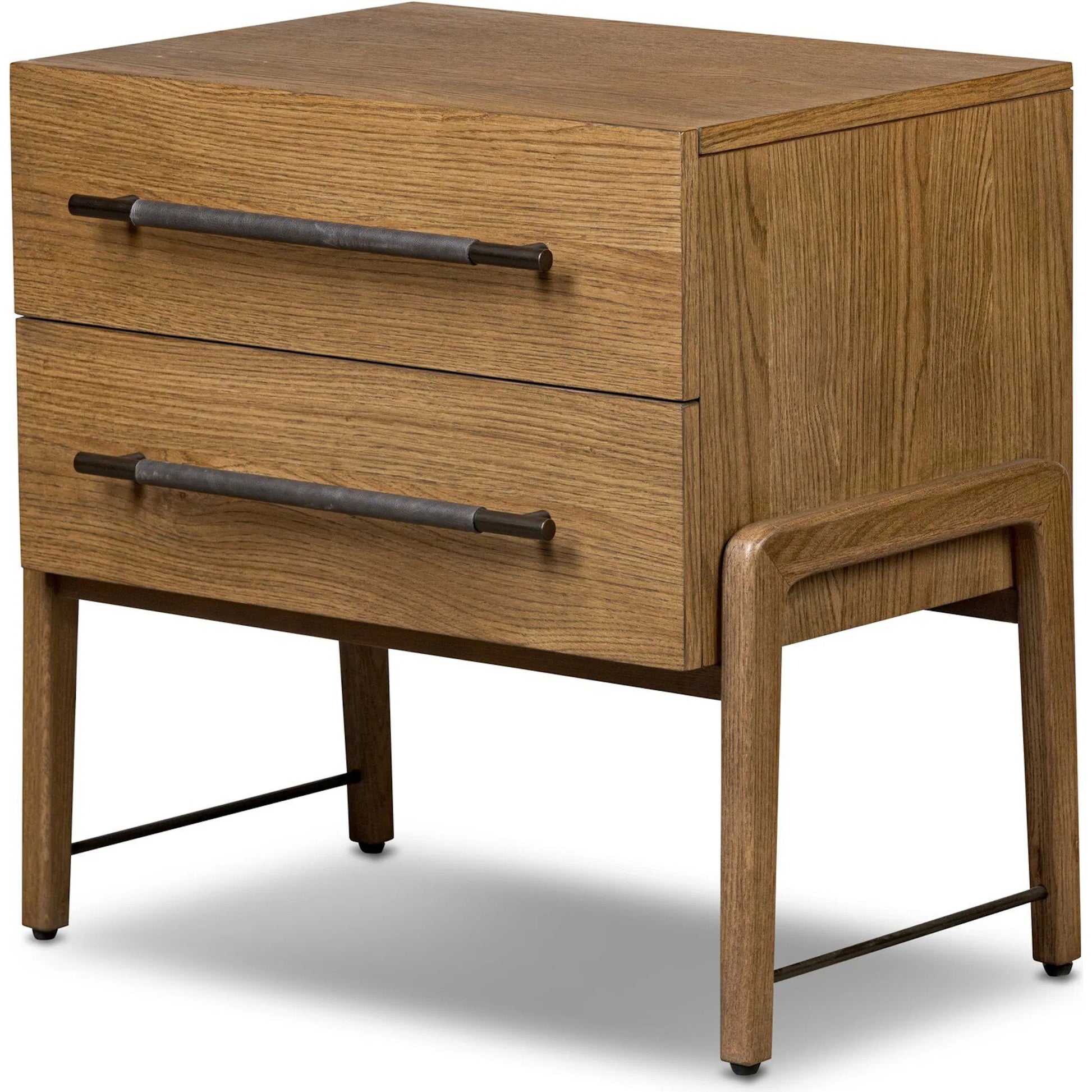 Rosedale Nightstand by Four Hands in amber oak veneer, chaps ebony. Made from oak veneer, top grain leather in a unique style.