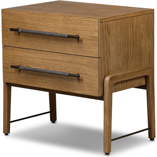 001 SI-2519286 | Primary Silo | Rosedale Nightstand by Four Hands in amber oak veneer, chaps ebony. Made from oak veneer, top grain leather in a unique style.
