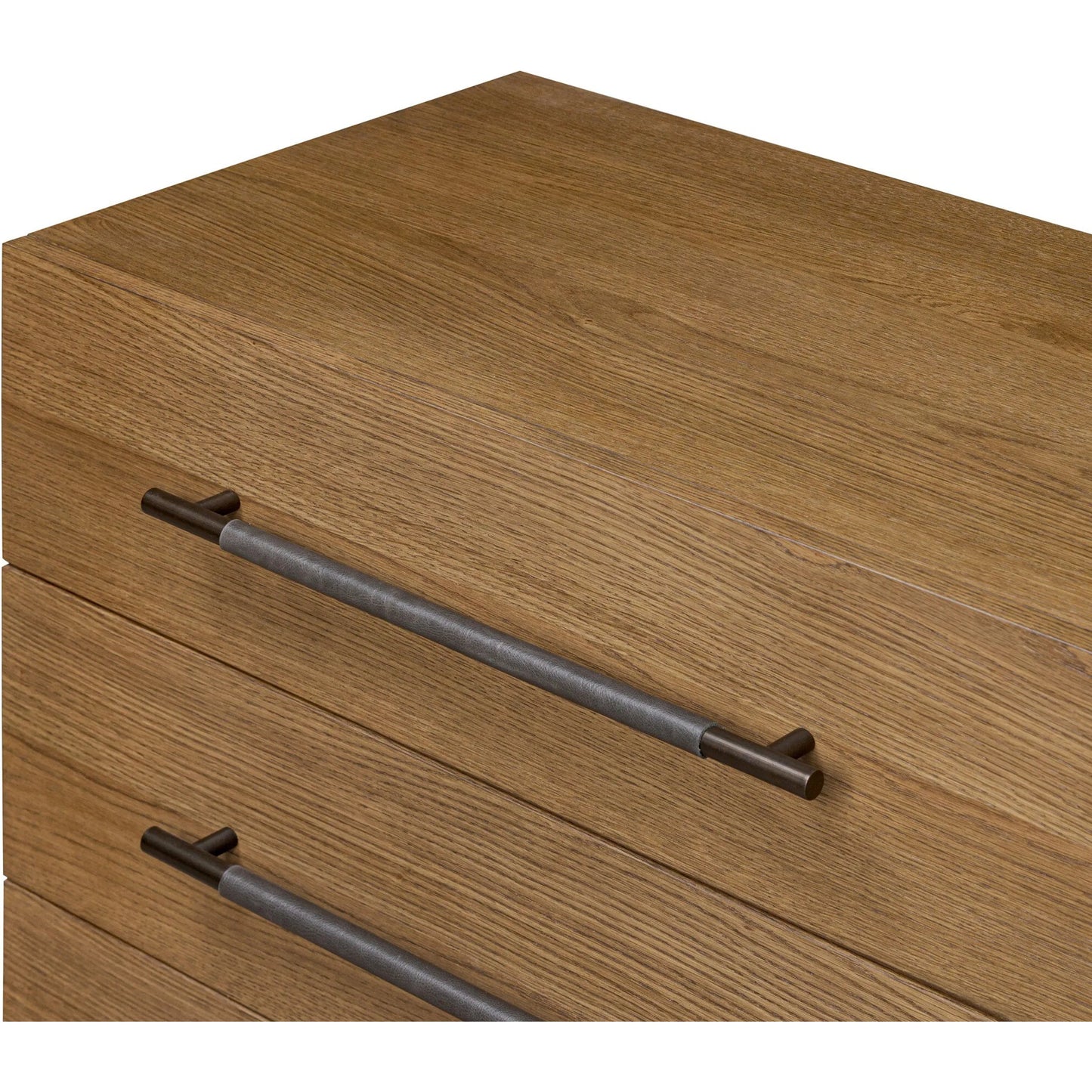 007 SI-2519283 | Closeup | Rosedale 6 Drawer Dresser by Four Hands in amber oak veneer, chaps ebony. Made from oak veneer, top grain leather in a unique style.