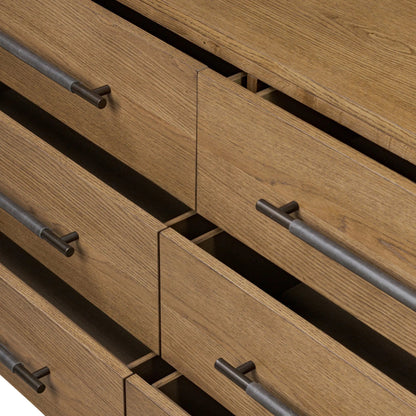 Rosedale 6 Drawer Dresser by Four Hands in amber oak veneer, chaps ebony. Made from oak veneer, top grain leather in a unique style.