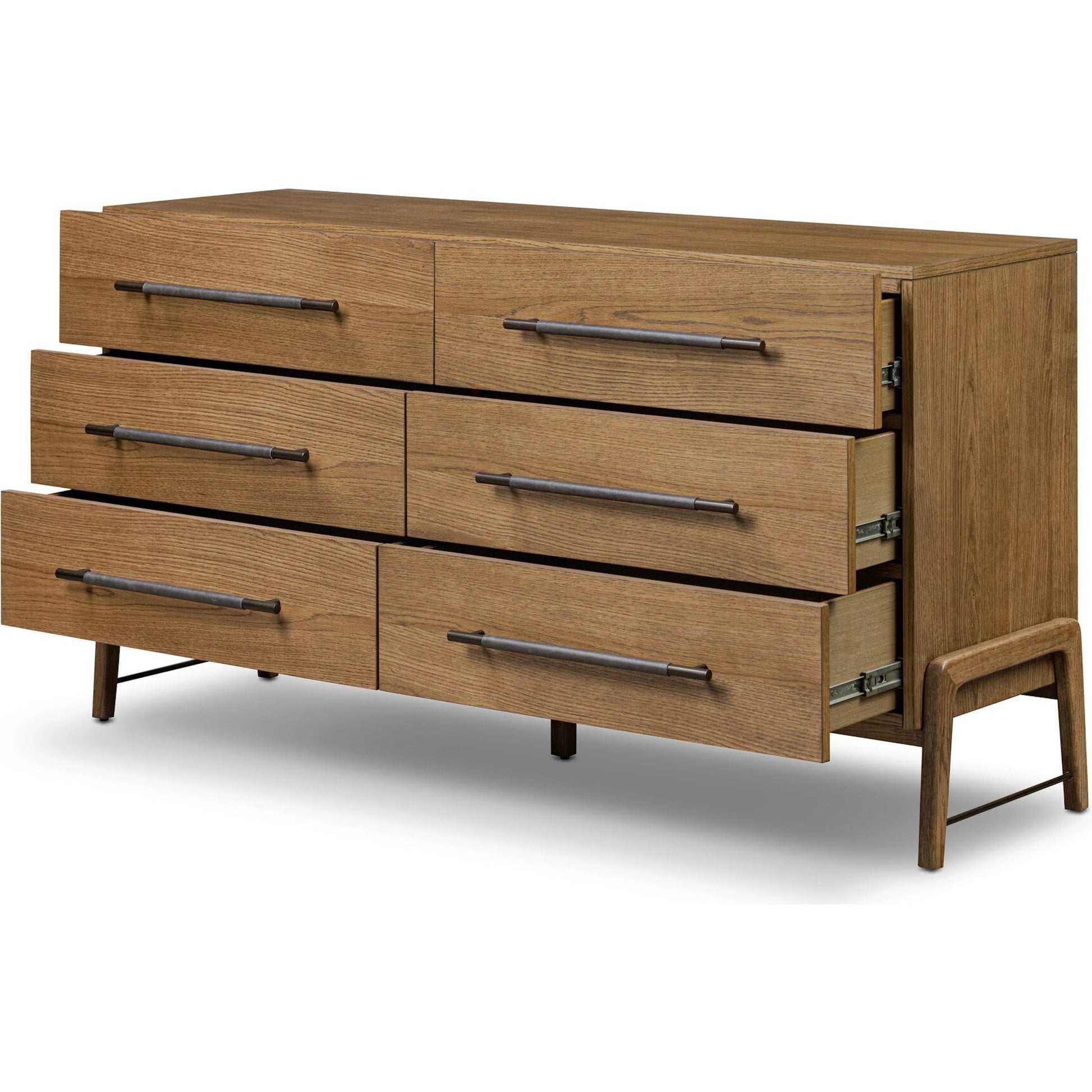 Rosedale 6 Drawer Dresser by Four Hands in amber oak veneer, chaps ebony. Made from oak veneer, top grain leather in a unique style.