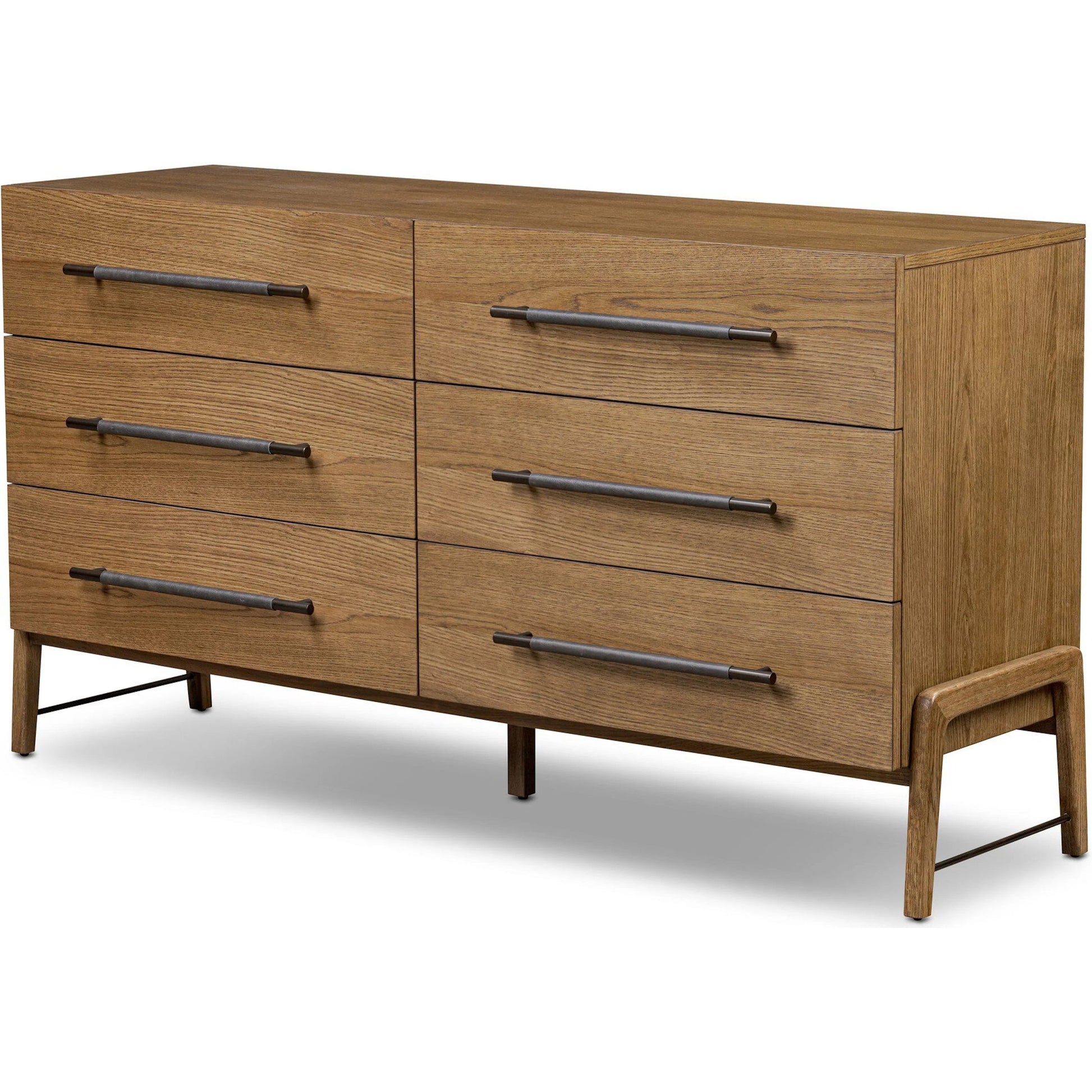 Rosedale 6 Drawer Dresser by Four Hands in amber oak veneer, chaps ebony. Made from oak veneer, top grain leather in a unique style.