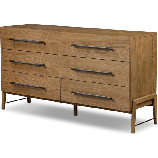 001 SI-2519283 | Primary Silo | Rosedale 6 Drawer Dresser by Four Hands in amber oak veneer, chaps ebony. Made from oak veneer, top grain leather in a unique style.