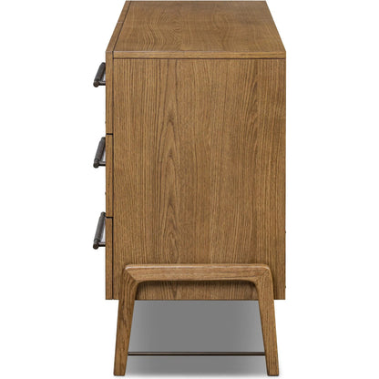 Rosedale 6 Drawer Dresser by Four Hands in amber oak veneer, chaps ebony. Made from oak veneer, top grain leather in a unique style.