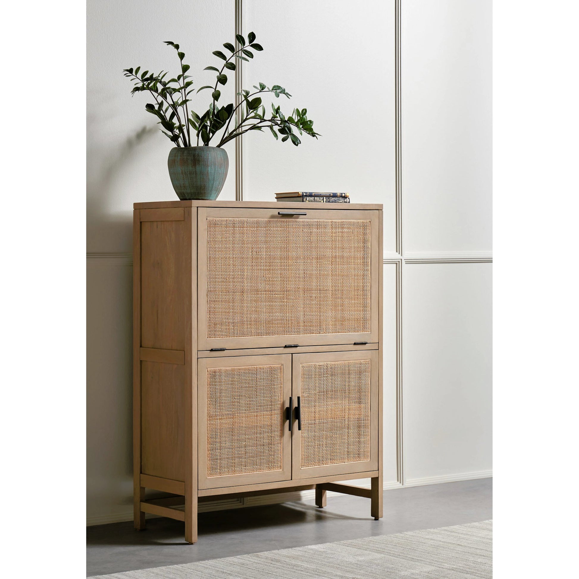 Caprice Bar Cabinet by Four Hands in natural mango, natural cane. Made from solid mango, cane in a coastal style.
