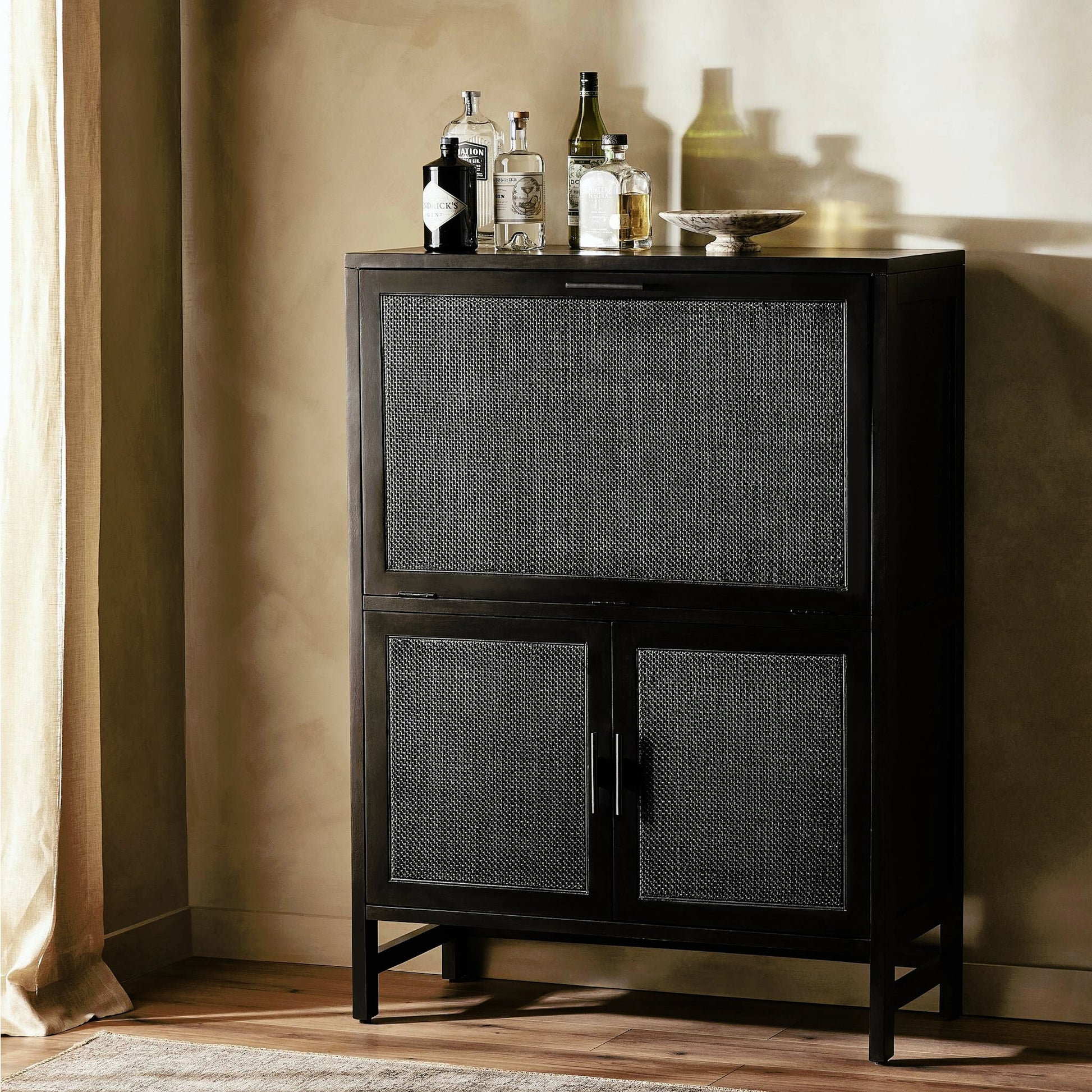 Caprice Bar Cabinet by Four Hands in natural mango, natural cane. Made from solid mango, cane in a coastal style.