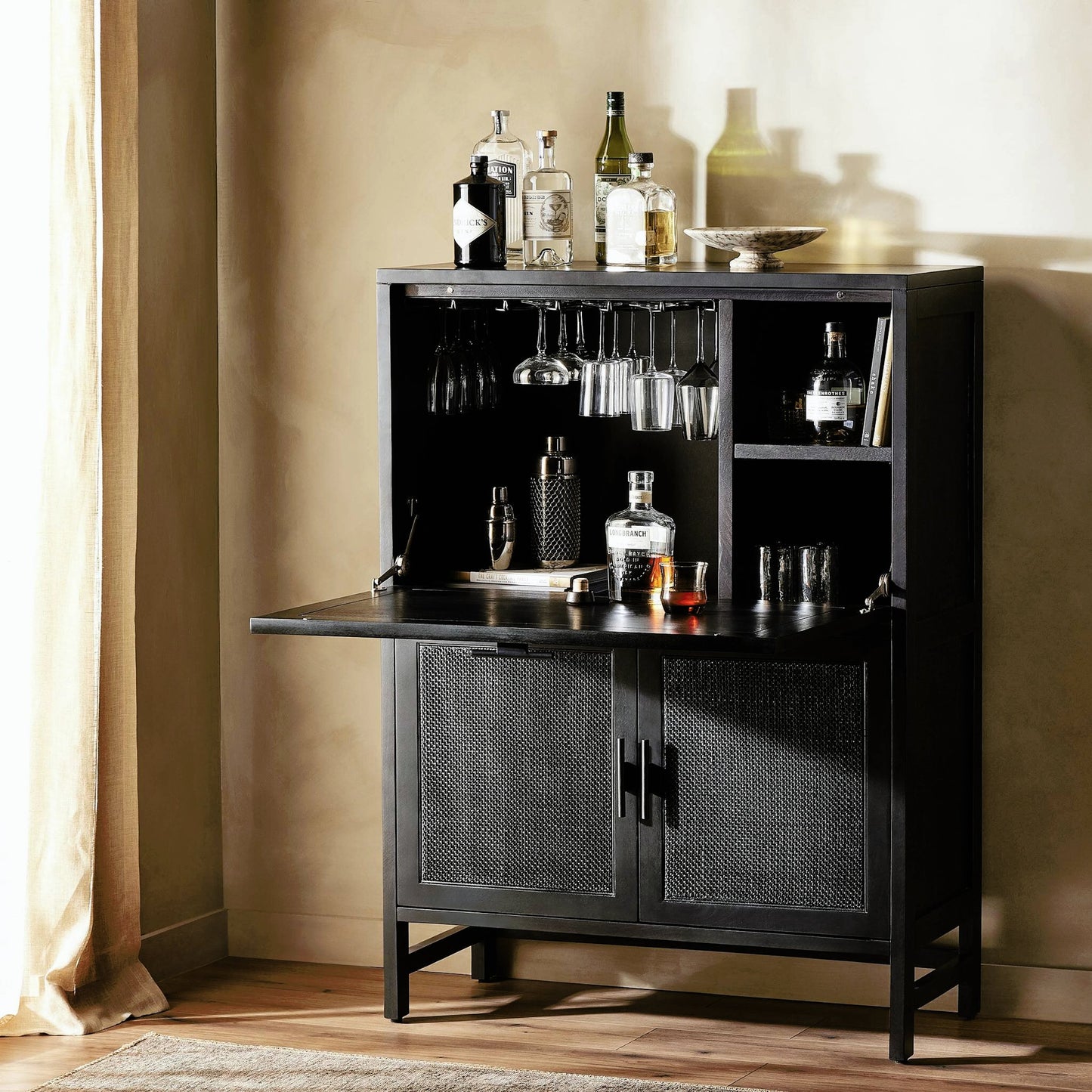 032 SI-2158090 | Lifestyle | Caprice Bar Cabinet by Four Hands. Made from solid mango, cane in a coastal style.
