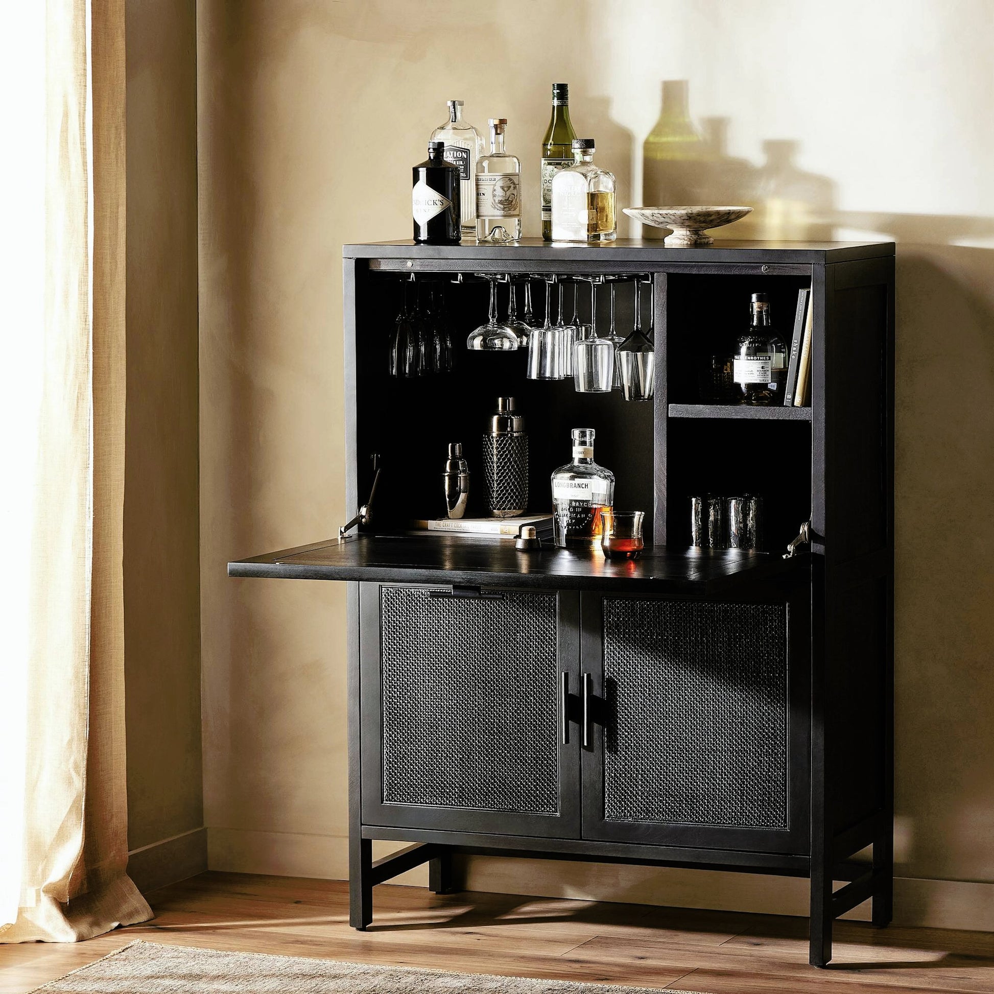 Caprice Bar Cabinet by Four Hands in natural mango, natural cane. Made from solid mango, cane in a coastal style.