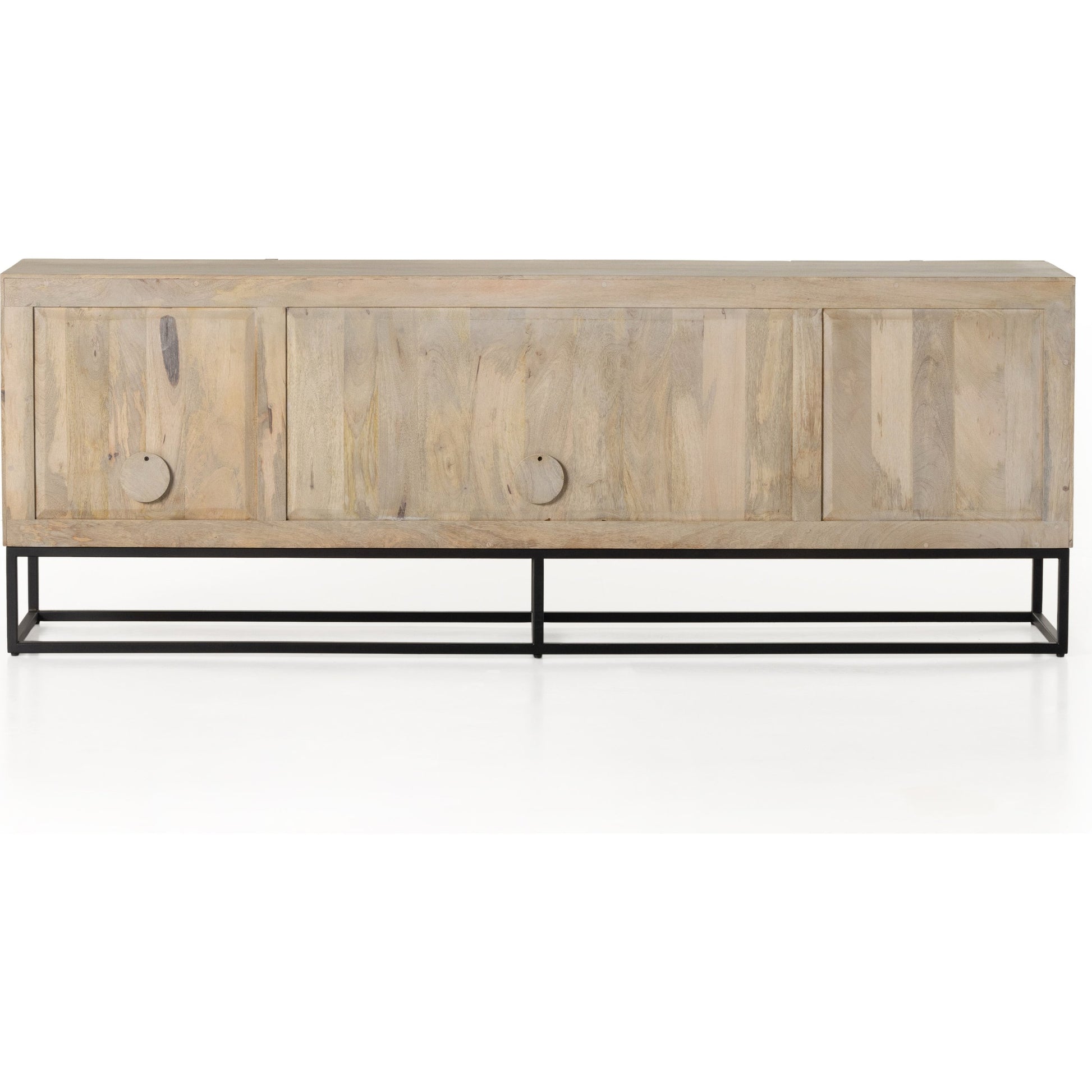 Kelby Media Console by Four Hands in gunmetal, aged brass, carved vintage brown, vintage brown. Made from solid mango, iron in a modern style.