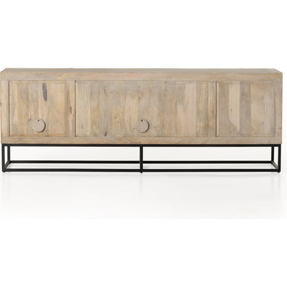 Kelby Media Console by Four Hands in gunmetal, aged brass, carved vintage brown, vintage brown. Made from solid mango, iron in a modern style.