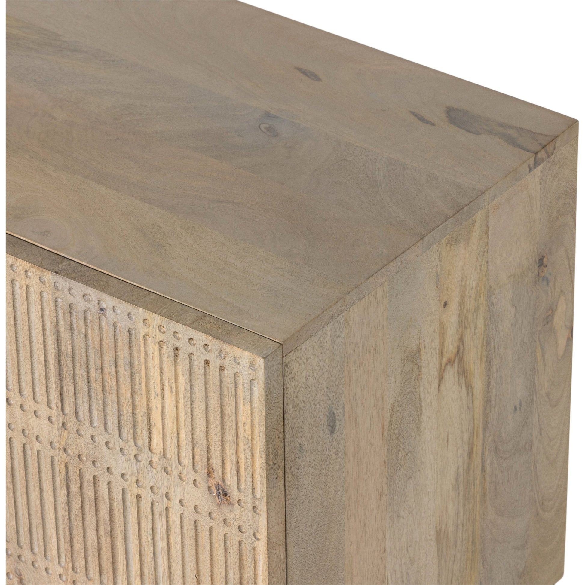 Kelby Media Console by Four Hands in gunmetal, aged brass, carved vintage brown, vintage brown. Made from solid mango, iron in a modern style.