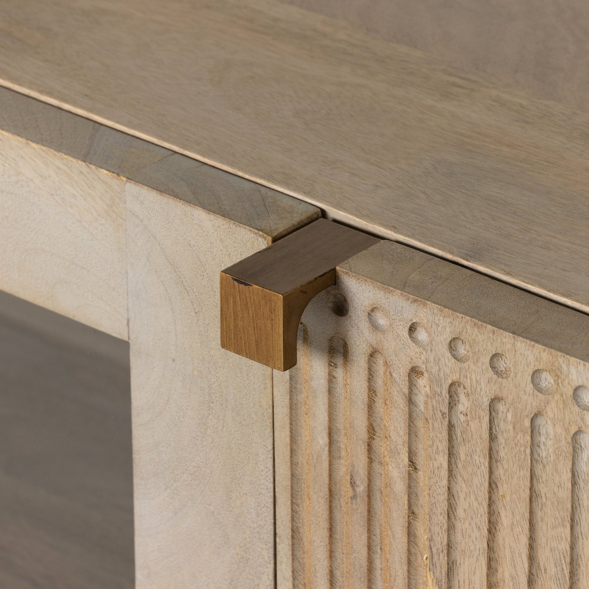 Kelby Media Console by Four Hands in gunmetal, aged brass, carved vintage brown, vintage brown. Made from solid mango, iron in a modern style.