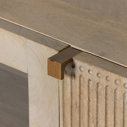 Kelby Media Console by Four Hands in gunmetal, aged brass, carved vintage brown, vintage brown. Made from solid mango, iron in a modern style.