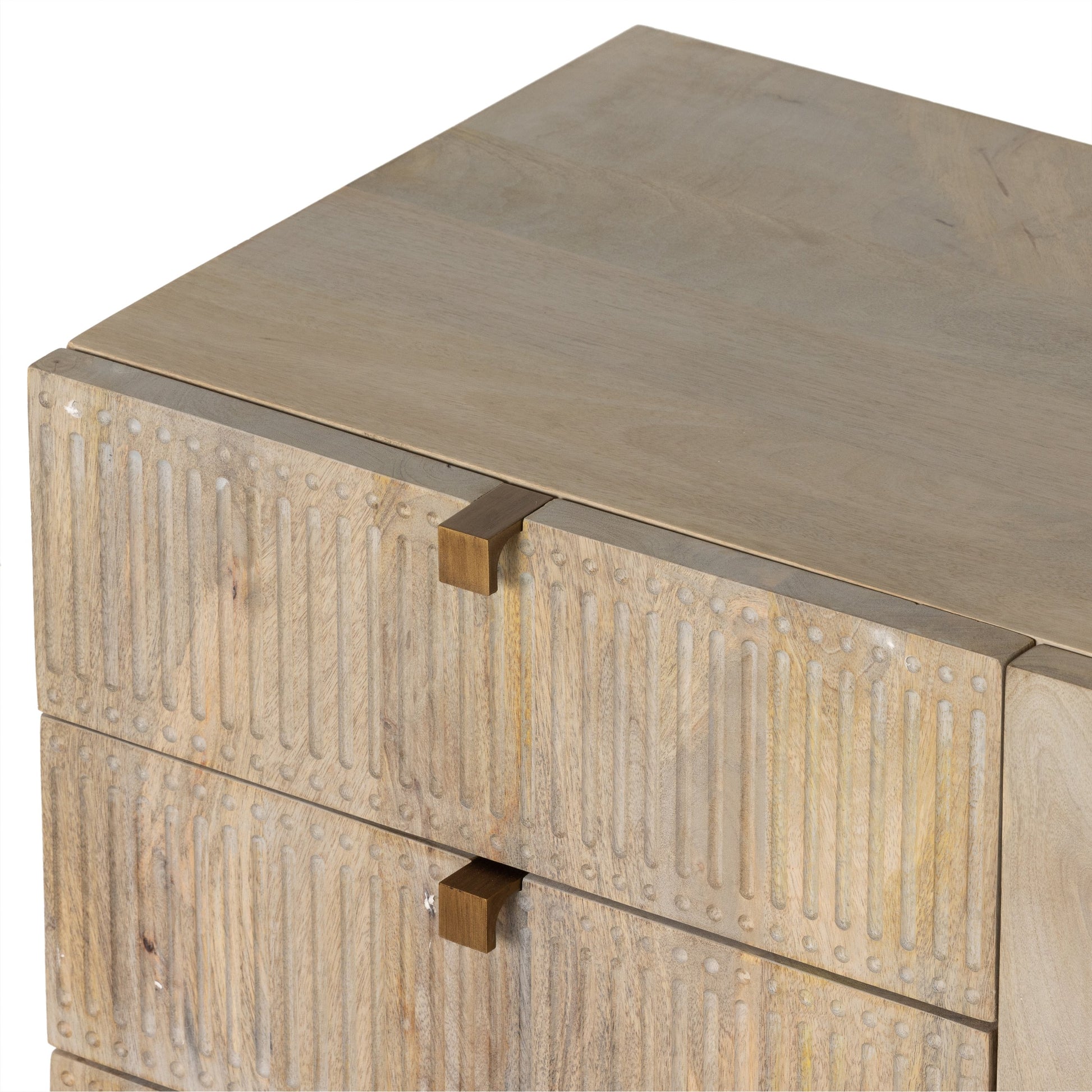 Kelby Media Console by Four Hands in gunmetal, aged brass, carved vintage brown, vintage brown. Made from solid mango, iron in a modern style.