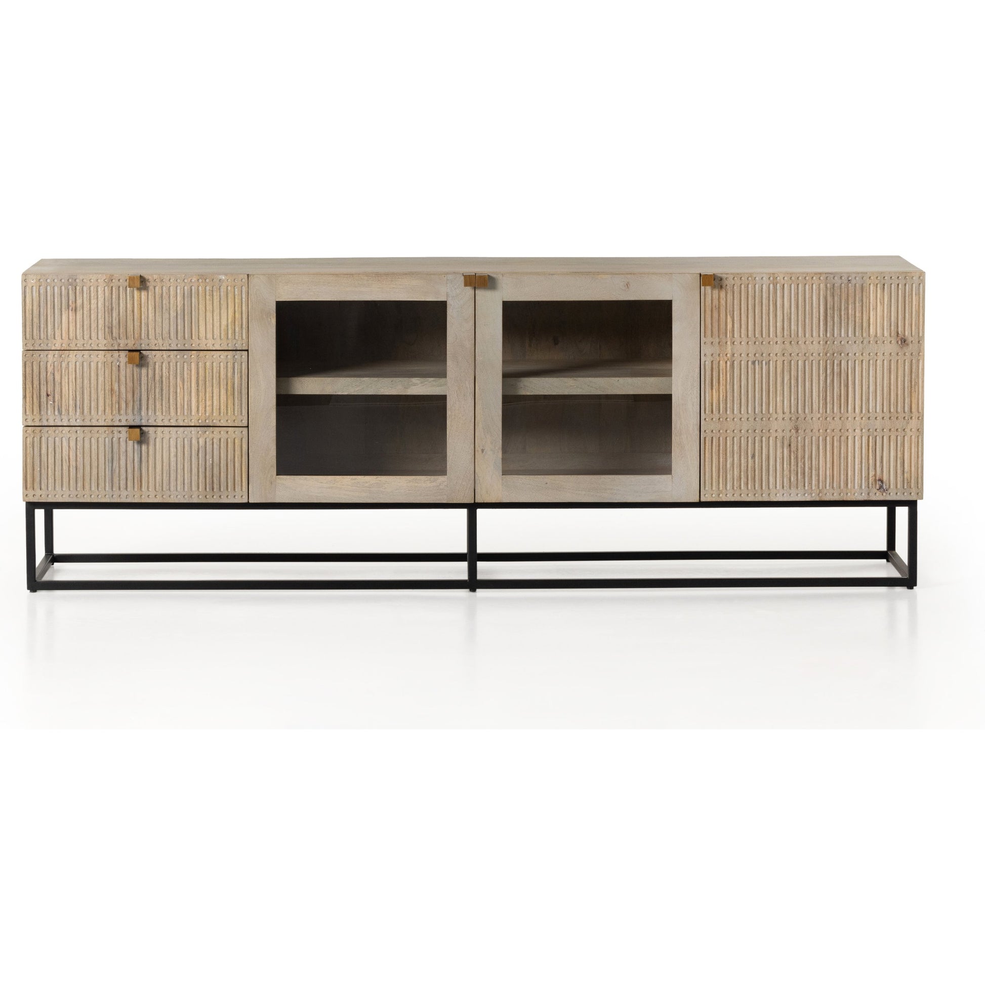 Kelby Media Console by Four Hands in gunmetal, aged brass, carved vintage brown, vintage brown. Made from solid mango, iron in a modern style.