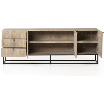 Kelby Media Console by Four Hands in gunmetal, aged brass, carved vintage brown, vintage brown. Made from solid mango, iron in a modern style.