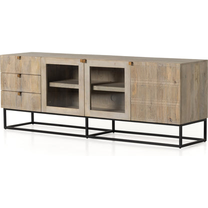 Kelby Media Console by Four Hands in gunmetal, aged brass, carved vintage brown, vintage brown. Made from solid mango, iron in a modern style.