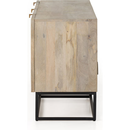 Kelby Media Console by Four Hands in gunmetal, aged brass, carved vintage brown, vintage brown. Made from solid mango, iron in a modern style.