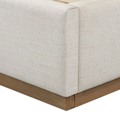 Barnett Bed by Four Hands in burnished oak, dover crescent. Made from 71% viscose (rayon), 17% polyester, 12% flax, linen, solid oak in a modern style.
