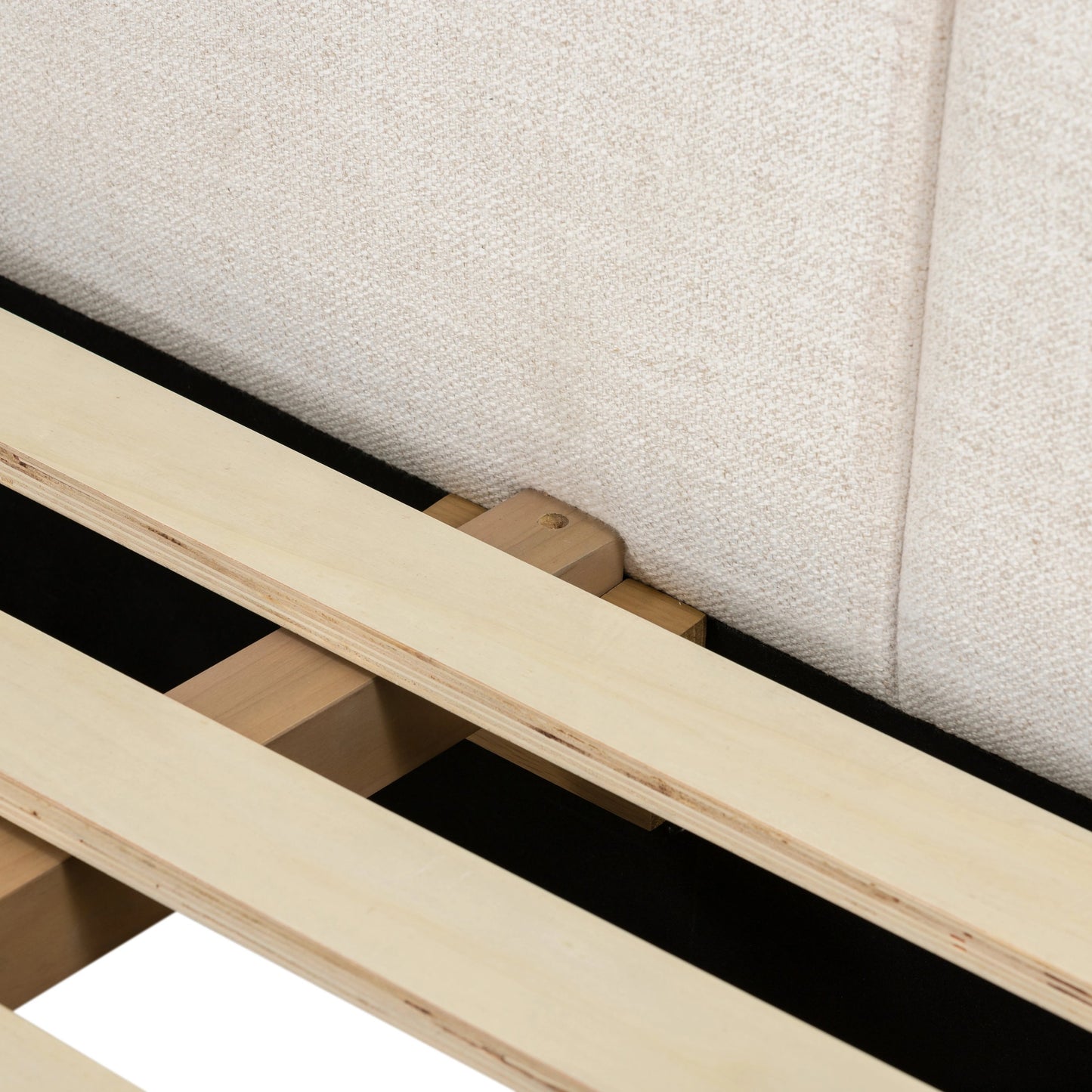 054 SI-1980105 | Closeup | Barnett Bed by Four Hands in burnished oak, dover crescent. Made from 71% viscose (rayon), 17% polyester, 12% flax, linen, solid oak in a modern style.