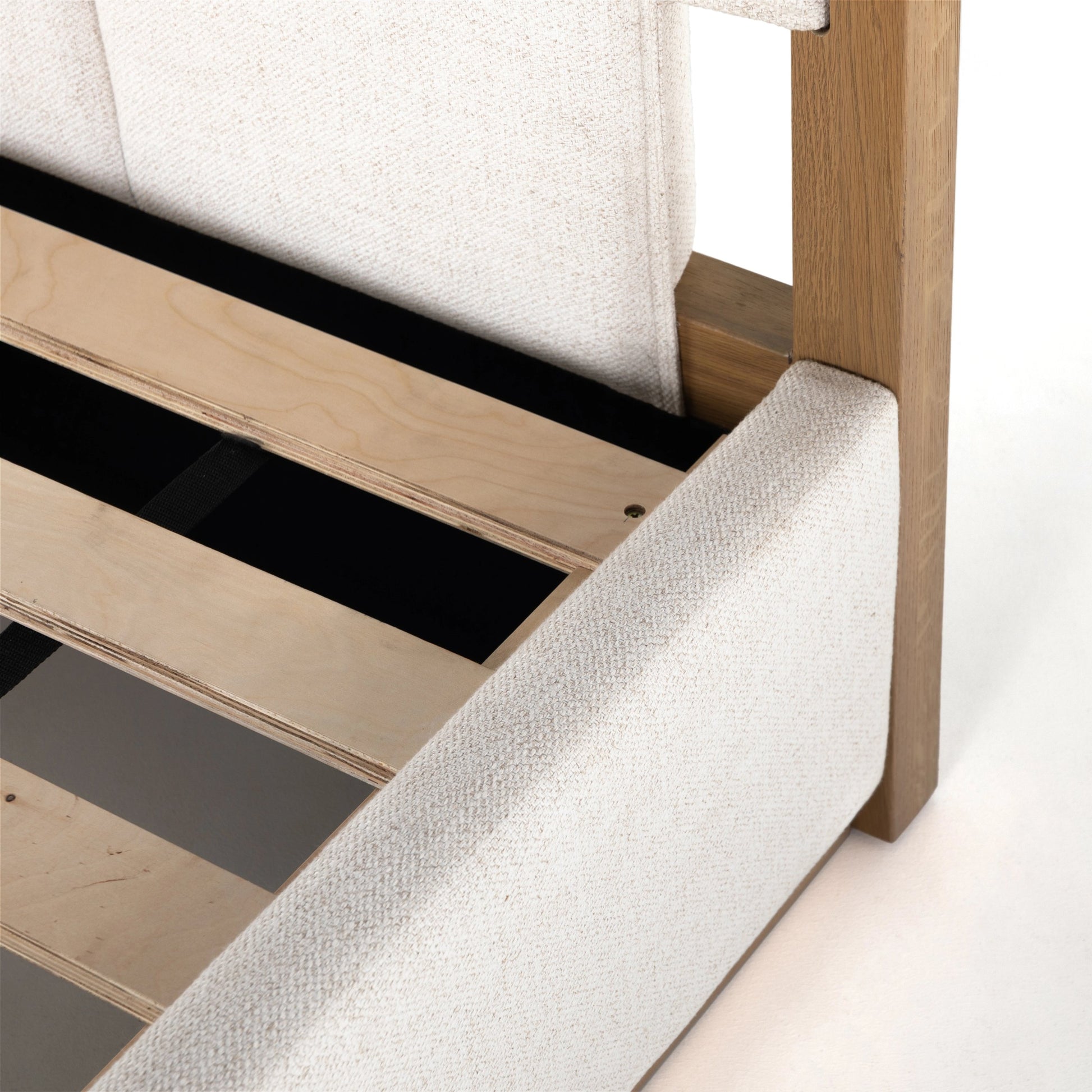 Barnett Bed by Four Hands in burnished oak, dover crescent. Made from 71% viscose (rayon), 17% polyester, 12% flax, linen, solid oak in a modern style.
