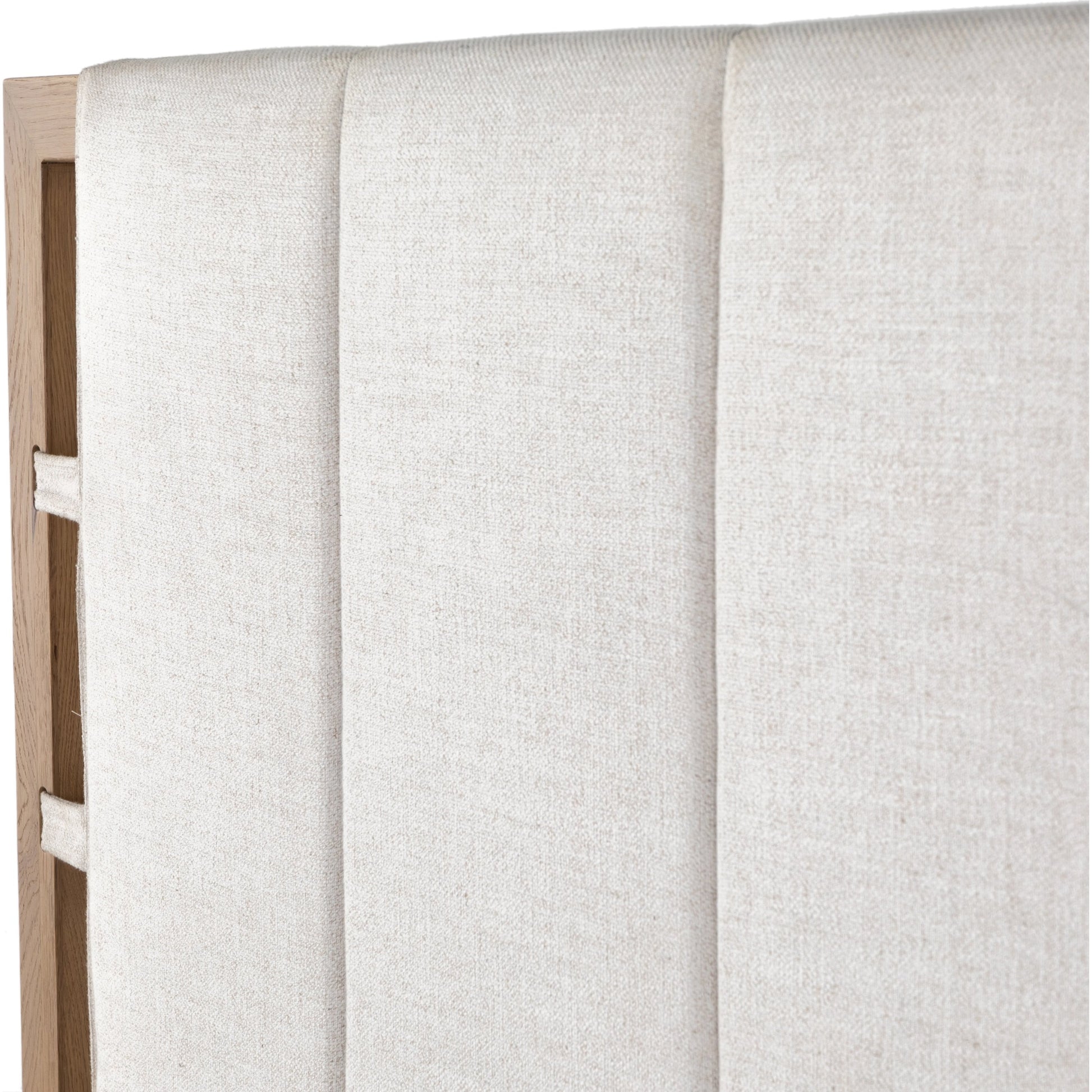 Barnett Bed by Four Hands in burnished oak, dover crescent. Made from 71% viscose (rayon), 17% polyester, 12% flax, linen, solid oak in a modern style.