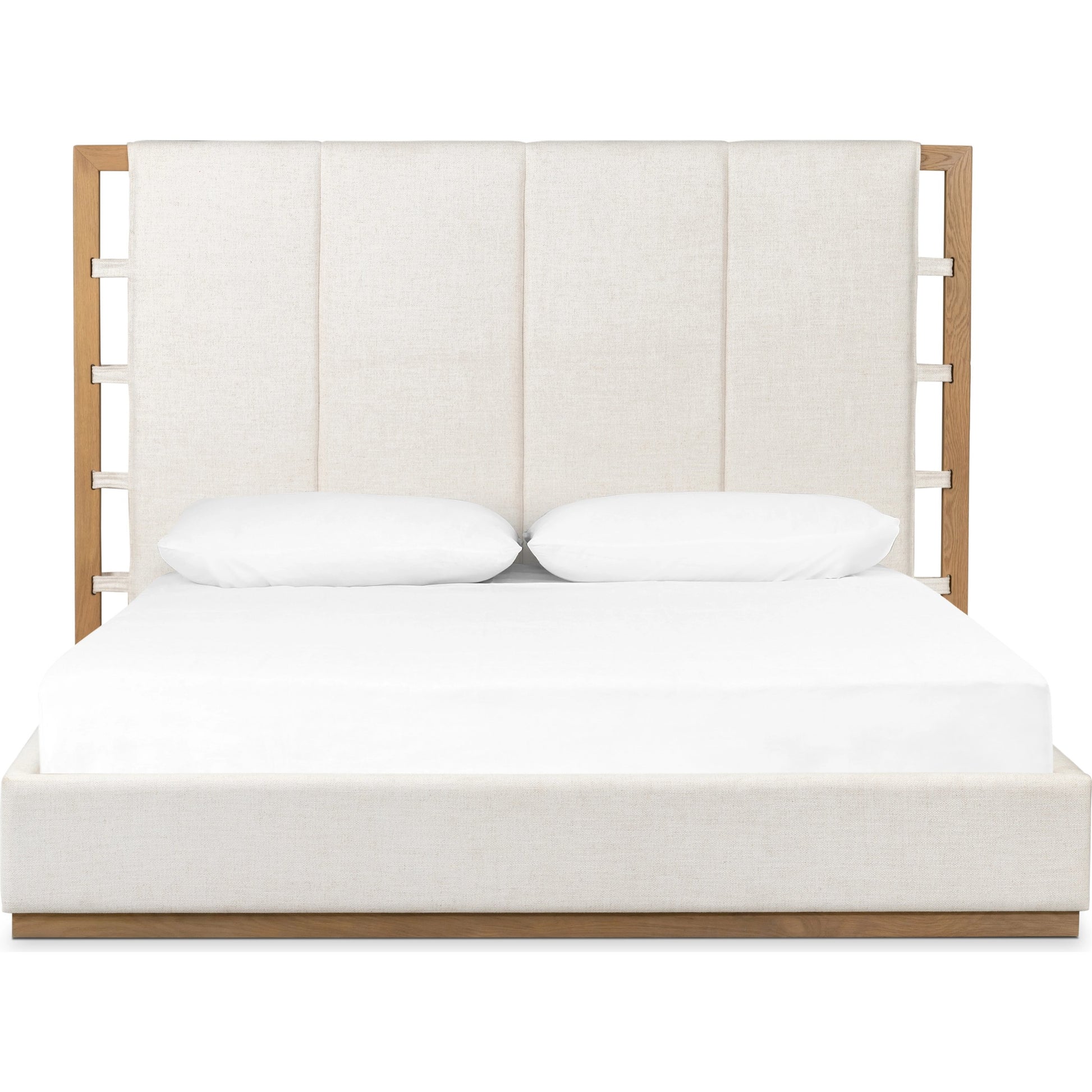 Barnett Bed by Four Hands in burnished oak, dover crescent. Made from 71% viscose (rayon), 17% polyester, 12% flax, linen, solid oak in a modern style.