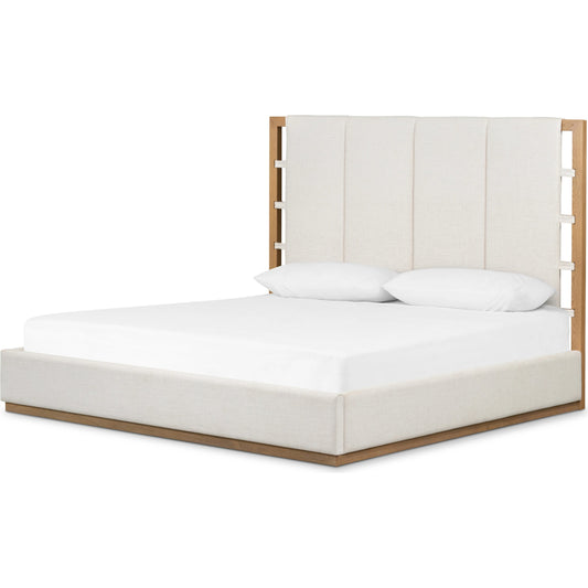 Barnett Bed by Four Hands in burnished oak, dover crescent. Made from 71% viscose (rayon), 17% polyester, 12% flax, linen, solid oak in a modern style.