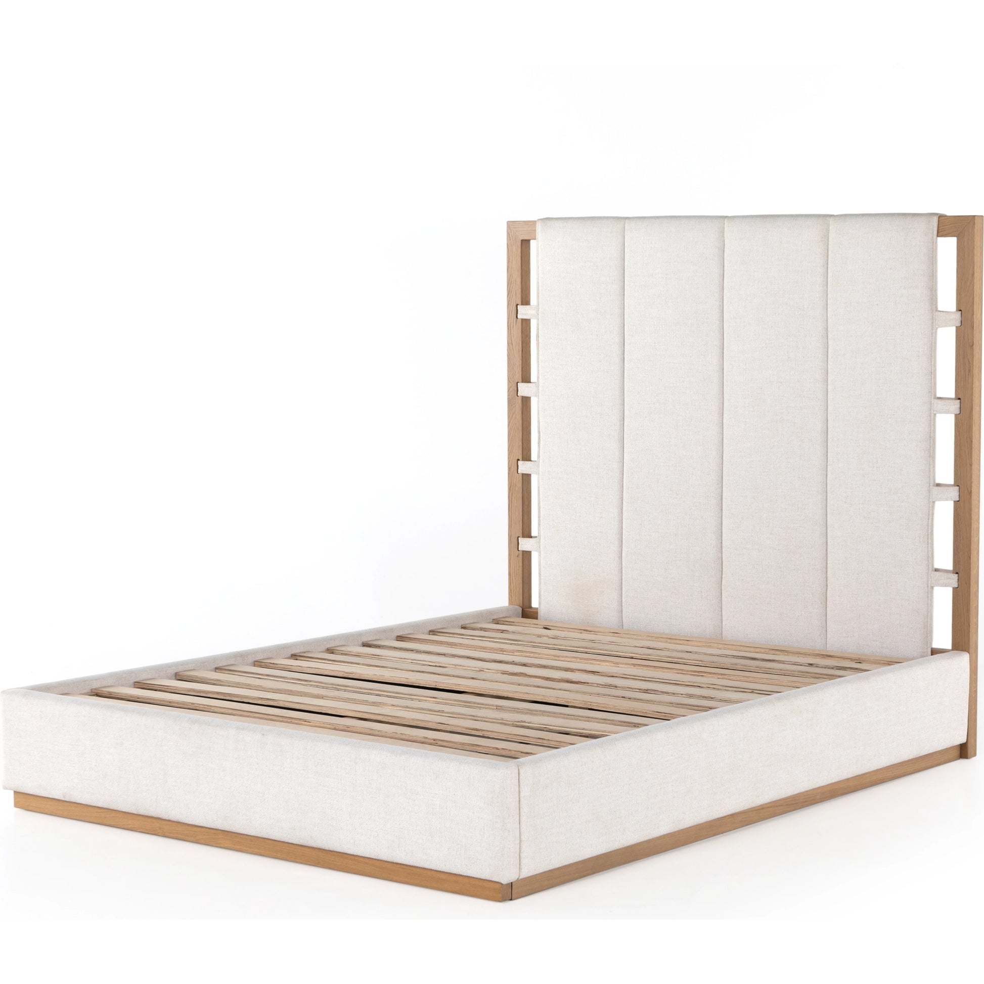 Barnett Bed by Four Hands in burnished oak, dover crescent. Made from 71% viscose (rayon), 17% polyester, 12% flax, linen, solid oak in a modern style.