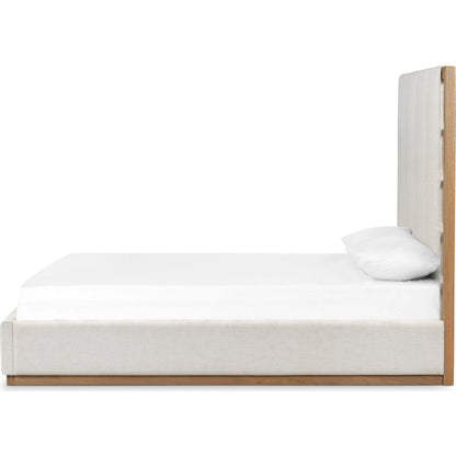 Barnett Bed by Four Hands in burnished oak, dover crescent. Made from 71% viscose (rayon), 17% polyester, 12% flax, linen, solid oak in a modern style.