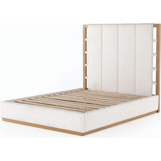 Barnett Bed by Four Hands in burnished oak, dover crescent. Made from 71% viscose (rayon), 17% polyester, 12% flax, linen, solid oak in a modern style.