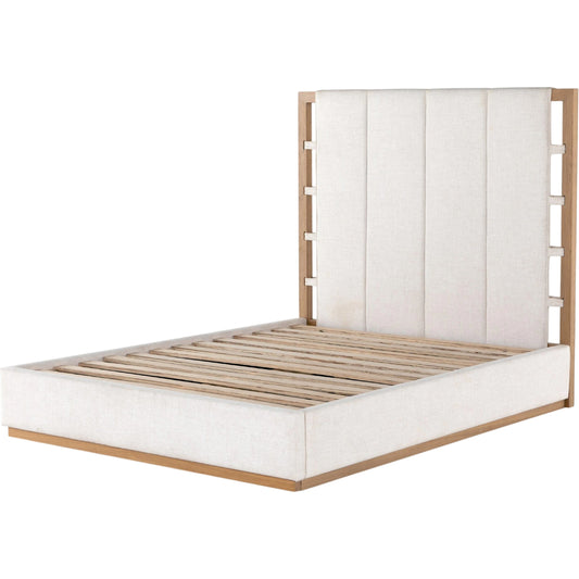 Barnett Bed by Four Hands in burnished oak, dover crescent. Made from 71% viscose (rayon), 17% polyester, 12% flax, linen, solid oak in a modern style.