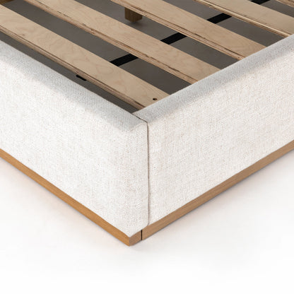 Barnett Bed by Four Hands in burnished oak, dover crescent. Made from 71% viscose (rayon), 17% polyester, 12% flax, linen, solid oak in a modern style.