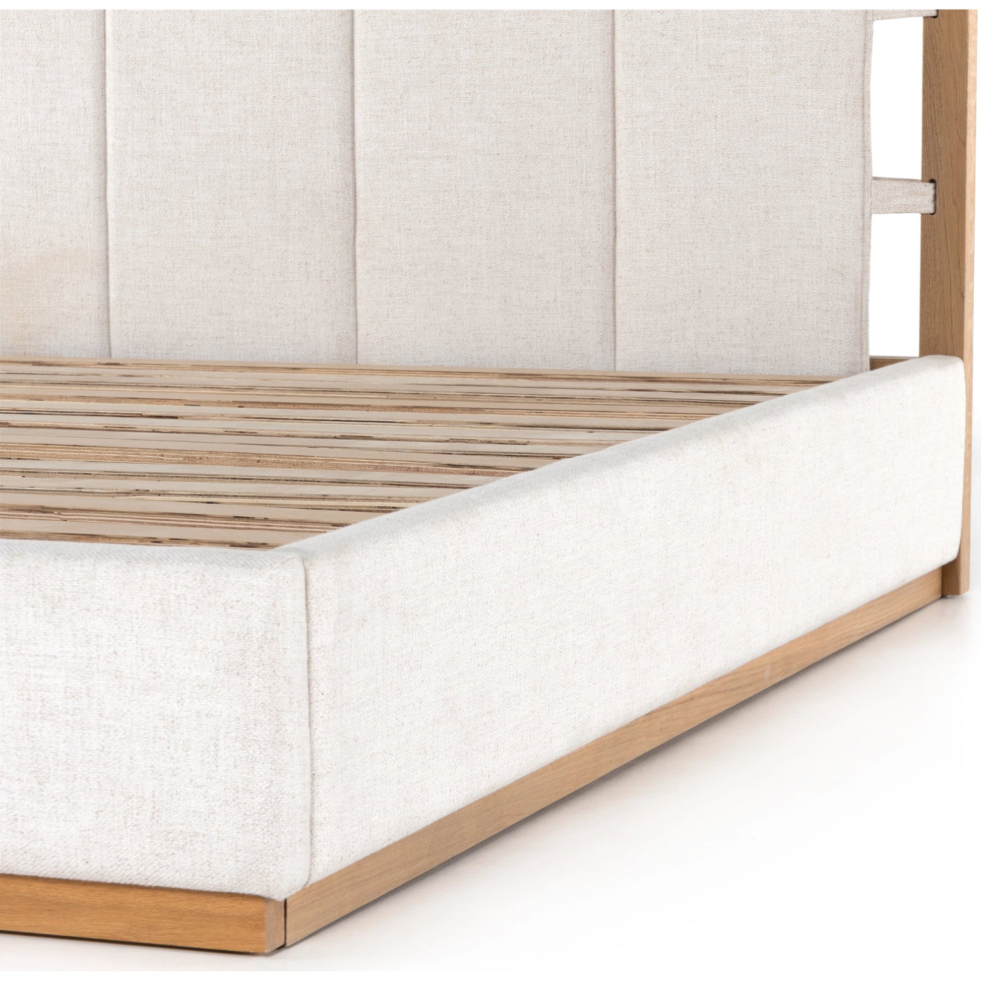Barnett Bed by Four Hands in burnished oak, dover crescent. Made from 71% viscose (rayon), 17% polyester, 12% flax, linen, solid oak in a modern style.